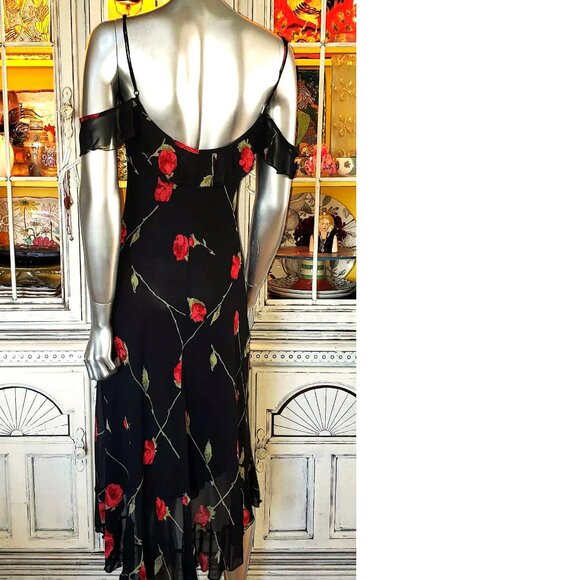 Vintage Betsey Johnson New York 90s Black Floral Red Rose Milkmaid Slip Dress S - Picture 9 of 15